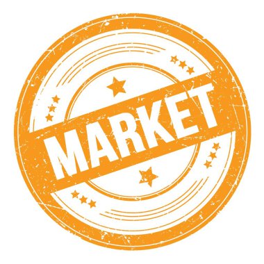 Turuncu yuvarlak grungy doku damgası üzerine MARKET metni.