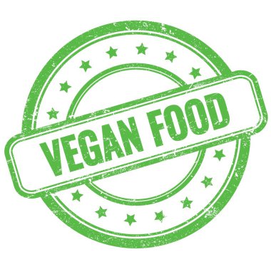 VEGAN FOOD 'un yeşil, antika, yuvarlak, lastik damgalı metni.