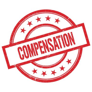 Kırmızı yuvarlak plastik damga üzerine yazılmış COMPENSATION metni.