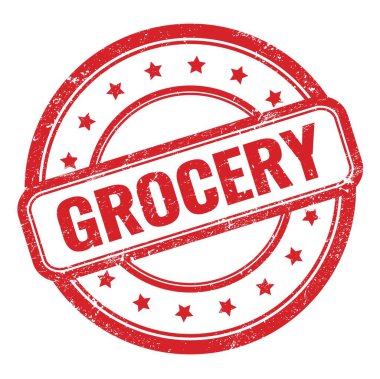 Kırmızı grungy vintage yuvarlak kauçuk damga üzerine GROCERY metin.