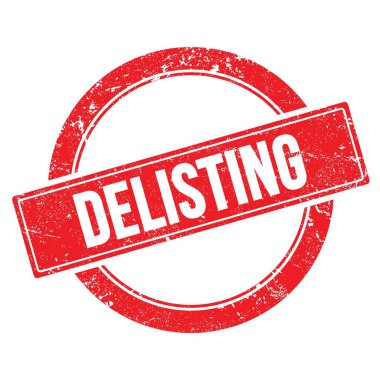 Kırmızı grungy yuvarlak vintage damga üzerinde DELISTING metin.