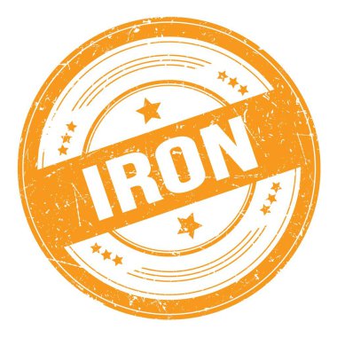 Turuncu yuvarlak grungy desen damgalı IRON metni.