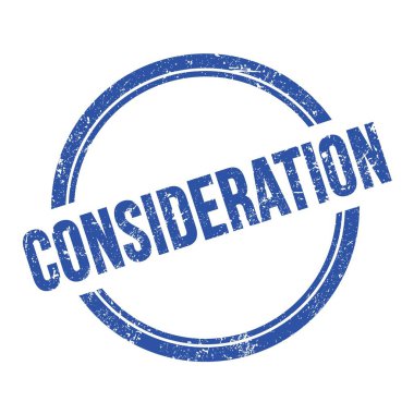 Mavi grungy vintage yuvarlak pul üzerine yazılmış CONSIDERATION metni.