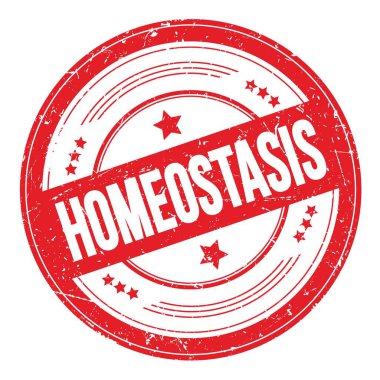 Kırmızı yuvarlak grungy doku damgası üzerine HOMEOSTASIS metni.