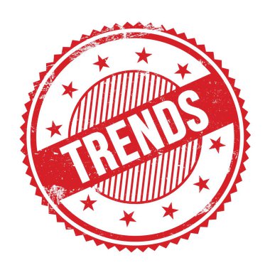 Kırmızı grungy zig zag kenarlarında yazılmış TRENDS metni pul yuvarlak.