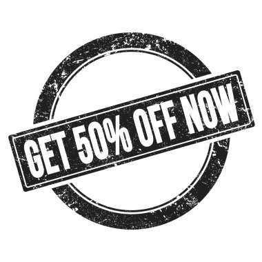 % 50 indirim al. Şimdi siyah, pasaklı, yuvarlak, eski pullu bir metin yaz..