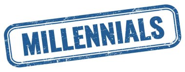 Mavi grungy vintage dikdörtgen damgalı MILLENNIALS metni.