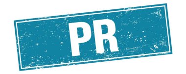 Mavi grungy dikdörtgen pul işareti üzerine PR metni.