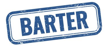 Mavi grungy vintage dikdörtgen damgalı BARTER metni.