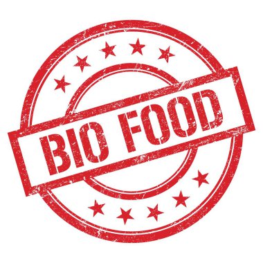 Kırmızı yuvarlak plastik damga üzerine yazılmış BIO FOOD metni.