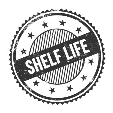 SHELF HAYAT metni siyah grungy zig zag kenarları yuvarlak mühür üzerine yazılmış.