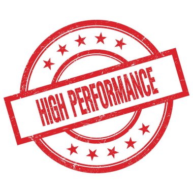 Kırmızı, yuvarlak, lastik damgalı yüksek performans metni.