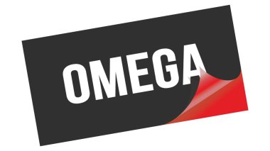 Siyah kırmızı etiket damgası üzerine yazılmış OMEGA metni.