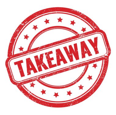 Kırmızı grungy vintage yuvarlak kauçuk damgalı TAKEAways metni.