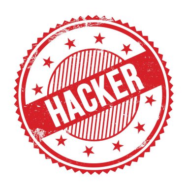 HACKER metni kırmızı grungy zig zag kenarları yuvarlak pul üzerine yazılmış.