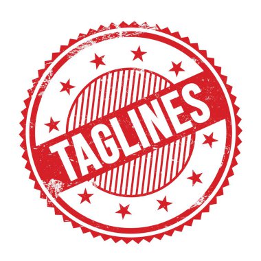 Kırmızı grungy zig zag kenarlarında yazılmış TAGLINES metni yuvarlak pul.