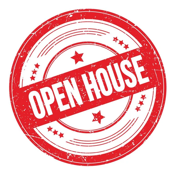 Open House Text Röd Rund Grungy Textur Stämpel — Stockfoto