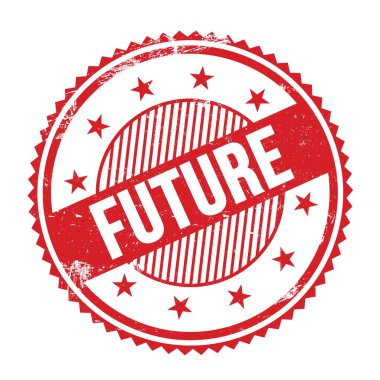 Kırmızı grungy zig zag kenarları yuvarlak mühür üzerine yazılmış FUTURE metin.