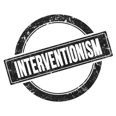 Siyah grungy round vintage pulu üzerine InterTERVENTIONISM metin.