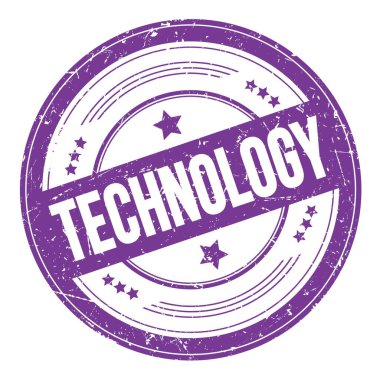 Mor çivit üzerine TECHNOLOGY metin yuvarlak kirli doku damgası.
