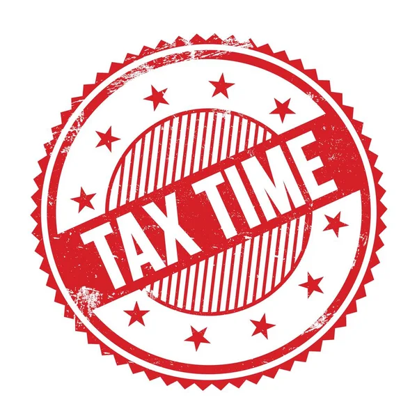 Texto Tax Time Escrito Vermelho Ziguezague Grungy Bordas Carimbo Redondo — Fotografia de Stock