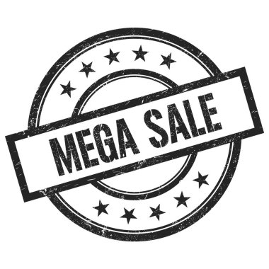 Siyah yuvarlak vintage kauçuk damga üzerine yazılmış MEGA satış metni.