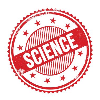 Bilimsel metin kırmızı grungy zig zag kenarları yuvarlak pul üzerine yazılmış.