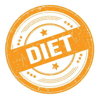 Turuncu yuvarlak grungy doku damgası üzerine diyet metni.