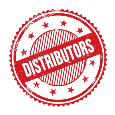 Kırmızı grungy zig zag kenarları yuvarlak mühür üzerine yazılmış DISTRIBUTORS metni.