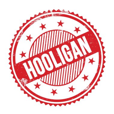 Kırmızı grungy zig zag kenarları üzerine yazılmış HOOLIGAN metni yuvarlak pul.