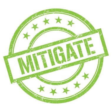 Yeşil yuvarlak vintage kauçuk damga üzerine yazılmış MITIGATE metni.