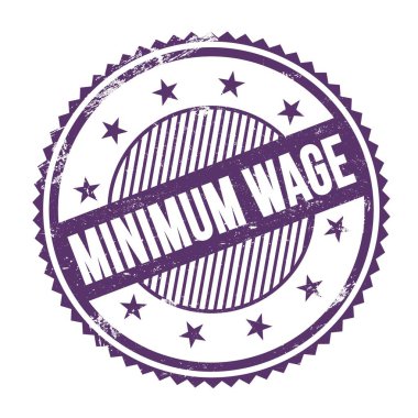 MINIMUM WAGE Mor indigo grungy zig zag kenarları üzerine yazılmış metin yuvarlak pullar.
