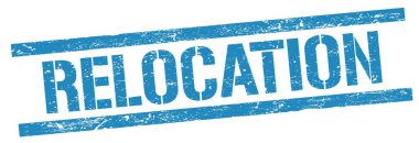 Mavi grungy dikdörtgen damga işareti üzerinde Yeniden Yerleştirme metni.