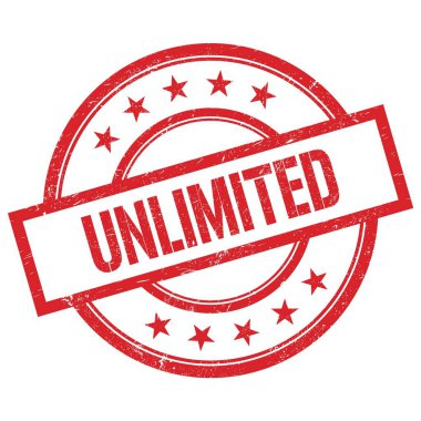 Kırmızı, yuvarlak, lastik damga üzerine yazılmış Sınırsız metin.