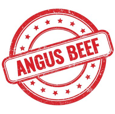ANGUS BEEF 'in kırmızı, eski, pasaklı, yuvarlak lastik damgalı metni.