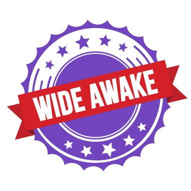 WIDE AWAKE text on red violet ribbon badge stamp.