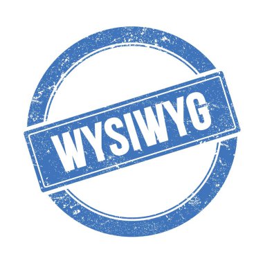 WYSIWYG text on blue grungy round vintage stamp.