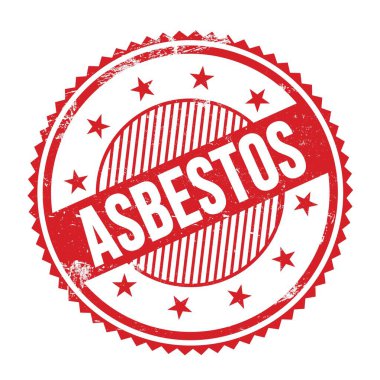 ASBESTOS metni kırmızı grungy zig zag kenarları yuvarlak pul üzerine yazılmış.
