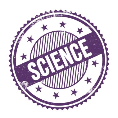 SCIENCE text written on purple indigo grungy zig zag borders round stamp.