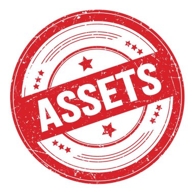 ASSETS text on red round grungy texture stamp.