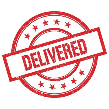 Kırmızı yuvarlak vintage kauçuk damga üzerine yazılmış DELIVERED metin.