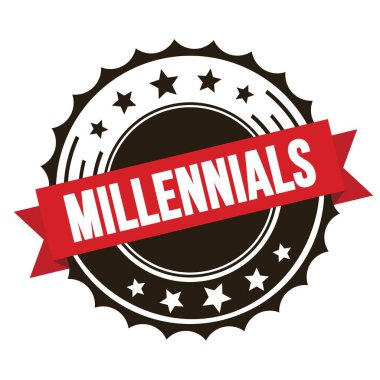 Kırmızı kahverengi rozet damgasında MILLENNIALS metni.