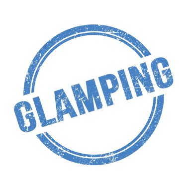 Mavi grungy vintage yuvarlak damga üzerine yazılmış GLAMPING metin.