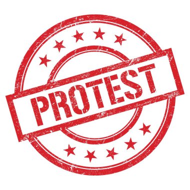 Kırmızı yuvarlak vintage kauçuk damgalı PROTEST metni.