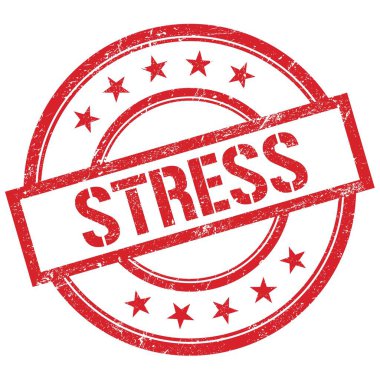 Kırmızı yuvarlak plastik damga üzerine yazılmış STRESS metni.