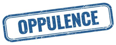 Mavi grungy vintage dikdörtgen damgalı OPPULENCE metni.