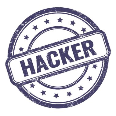 Çindigo mavisi grungy vintage yuvarlak kauçuk damgalı HACKER metni.