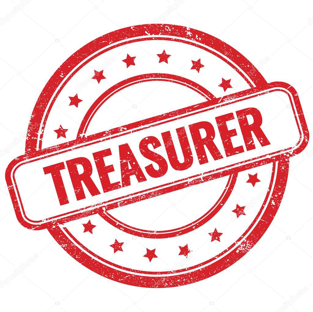 TREASURER text on red vintage grungy round rubber stamp.
