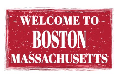 BOSTON 'a Hoşgeldiniz - MASSACHUSETTS, kırmızı dikdörtgen posta puluna yazılmış kelimeler