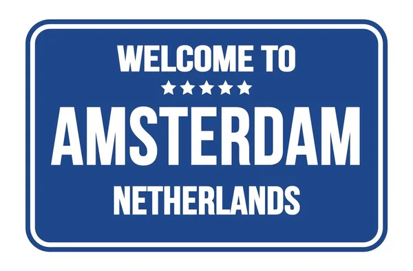 欢迎来到Amsterdam 纽德兰 蓝色长方形街道标志邮票 — 图库照片